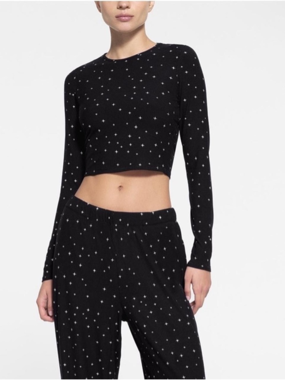 SKIMS Black Crop Long-Sleeve Star-Print Top